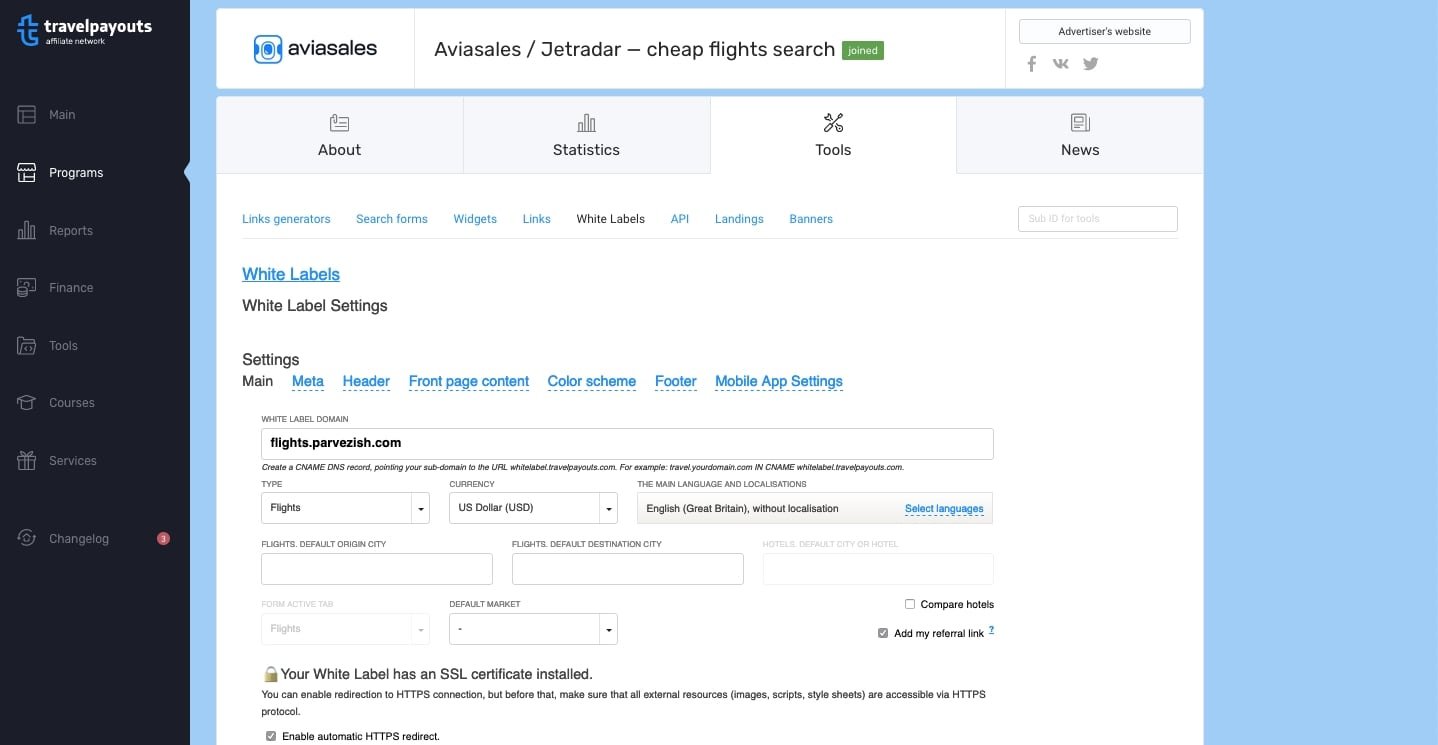 Configuring Travelpayouts White Label