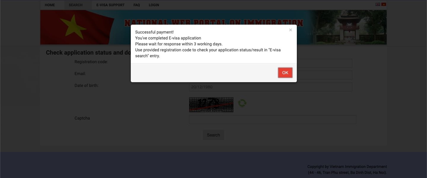 Vietnam eVisa Payment Success Message